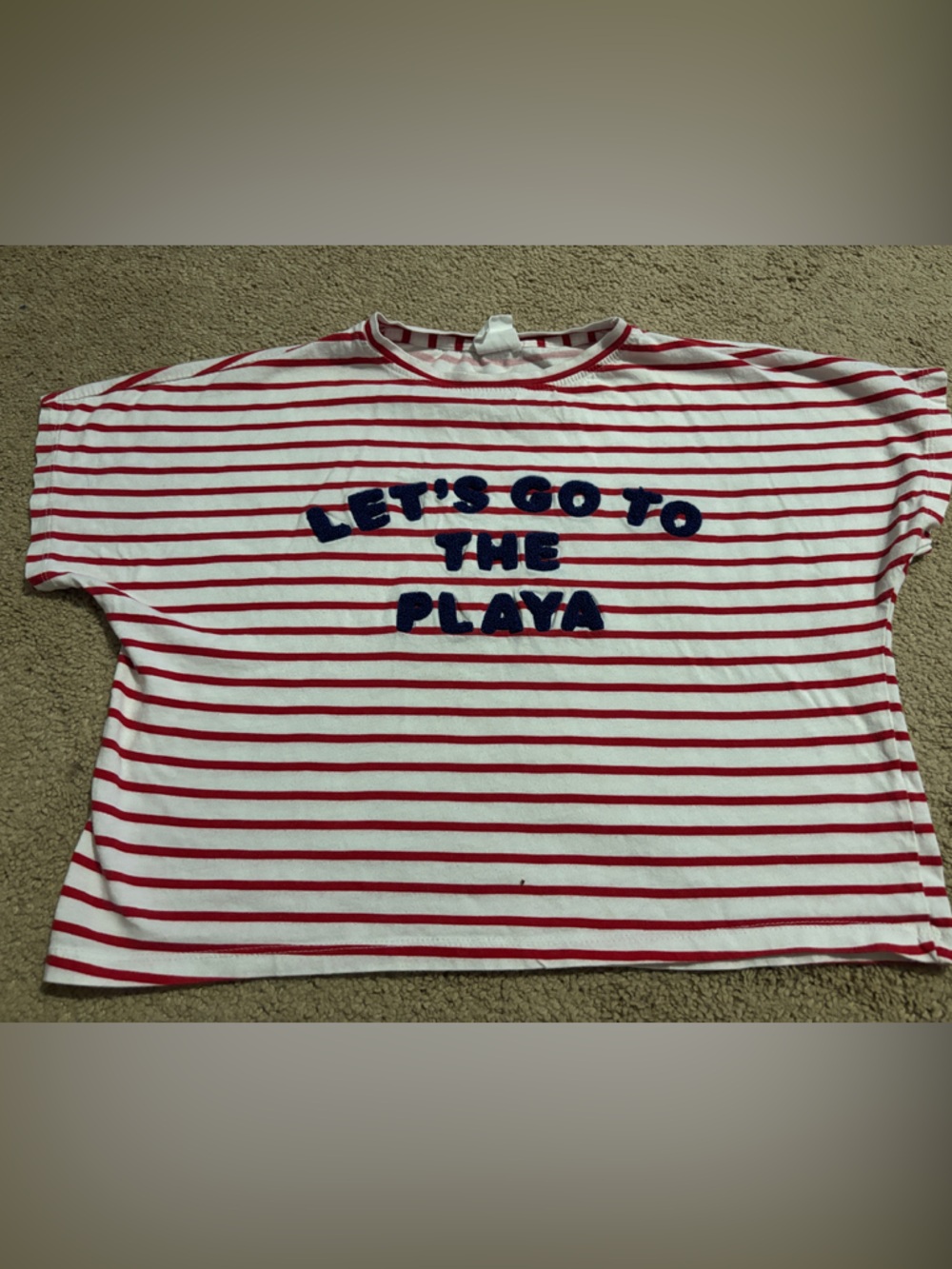 Zara Girls Red & White Striped Graphic Tee - LET'S GO TO THE PLAYA